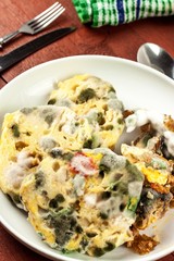 Unhealthy moldy food on a plate. Poisoned food. Dangerous lunch. Bacteria on a plate.