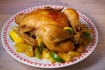 Сhicken with potatoes, lemons and limes on the table with festive Christmas and New Year decorations