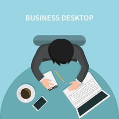 Top view of person business desk with his laptop