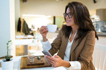 Smiling young businesswoman texting with her mobile phone in the coffee shop.