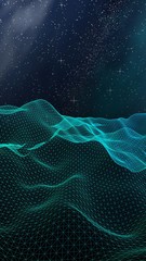 Star horizon. Abstract landscape on a dark background. Cyberspace grid. Hi-tech network. Outer space. Starry outer space texture. 3D illustration