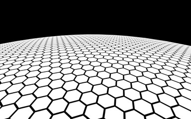 White honeycomb on a white background with a black horizon. Perspective view on polygon look like honeycomb. Ball, planet, covered with a network, honeycombs, cells. 3D illustration