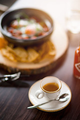 Lunch Time at Cafe. Food on table isolated cup of espresso close-up blurred background