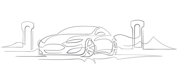 Electric Car charging abstract line illustration. Vector.