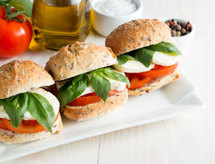 Close-up photo of sandwich, burger with caprese salad with ripe tomatoes, basil, buffalo mozzarella cheese. Italian and Mediterranean food concept. 