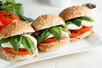 Close-up photo of sandwich, burger with caprese salad with ripe tomatoes, basil, buffalo mozzarella cheese. Italian and Mediterranean food concept. 