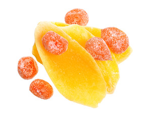 Fototapeta na wymiar Dried slices mango with Kumquats or cumquats. Isolated on white
