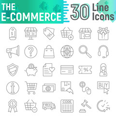E-commerce thin line icon set, shopping symbols collection, vector sketches, logo illustrations, buy signs linear pictograms package isolated on white background.