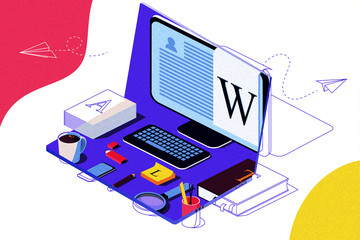 Isometric Concept for Blog, Blogging concept, post, content strategy, social media, chatting. Illustration for web page, social media. Laptop as background. Double exposure effect.