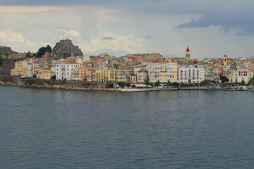 Sea gulf and city ashore. Corfu, Greece