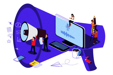 Creative Blogging isometric illustration concept, people learning about creative blogging or copywriting can use for web page, banner. Microphone as background. Double exposure effect.