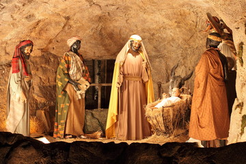 Three Magi and Jesus Christ scene in a nativity scene