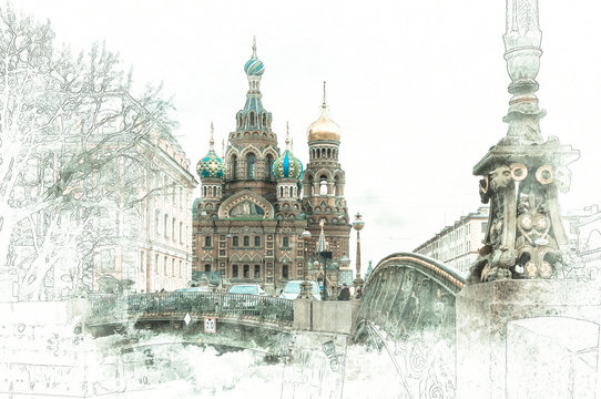 Stylized by watercolor sketch painting of Church of the Savior on Blood, St Petersburg, Russia, on a textured paper. Retro style postcard collage.