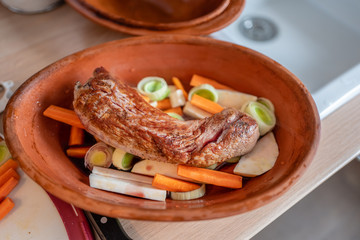 browned pork loin on fresh greens ready for the oven