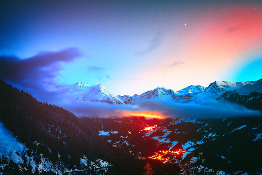 Night view on snowy peaks. Alps mountains, Switzerland