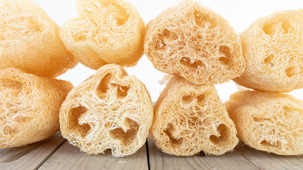 shower equipment made from fiber of zucchini on wood pallet