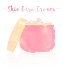 pink watercolored painting vector illustration of a beauty utensil moisturizing cream for face.