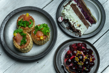 pie with icing and fruit, French patties and schoco cake