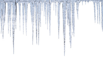 Winter icicles hang from top, isolated on white background - obrazy, fototapety, plakaty