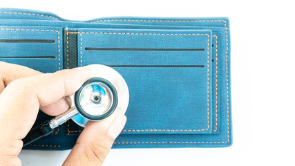 stethoscope check money on empty wallet bag