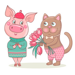 Cute cat gives a bouquet of pink tulips to the pig