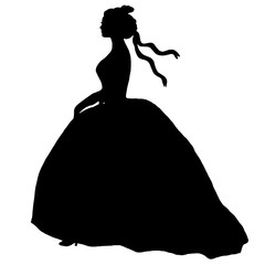 Black female silhouette in ball gone. Bride romantic illustration. Young model, profile. Curly combed hair, ribbons. Nice design for banners, decoupage, scrapbooking, advertising, posters, prints