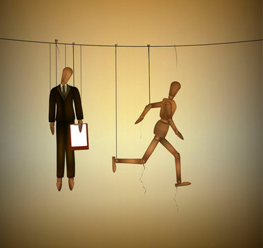 concept of freedom, office worker marionette hanging on the threads and one marionette running away, be free idea,