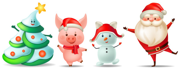 Set pig, Santa Claus, snowman and fir-tree. Chinese new year 2019. Isolated 3d vector cartoon illustration.