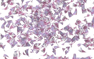 Flying euro banknotes isolated on a white background. Money is flying in the air. 500 EURO in color. 3D illustration
