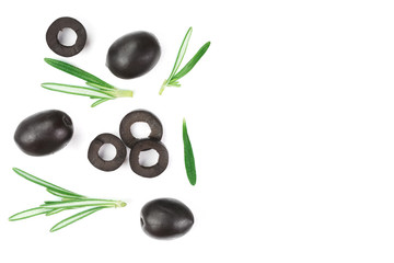 whole and sliced black olives with rosemary leaves isolated on white background. Top view. Flat lay pattern