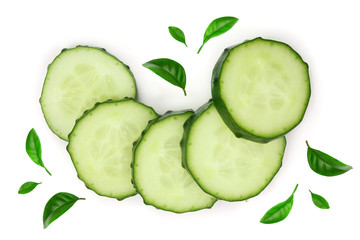 Cucumber slices isolated on white background. Top view. Flat lay pattern
