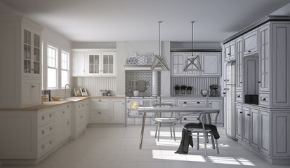 Unfinished project draft of scandinavian classic kitchen with dining table and chairs, windows and morning light, vintage cooker and pendant lamps, minimalist interior design sketch