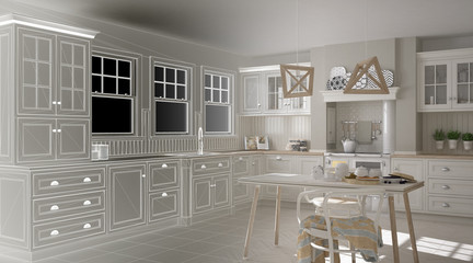 Unfinished project draft of scandinavian classic kitchen with dining table and chairs, windows and morning light, vintage cooker and pendant lamps, minimalist interior design sketch