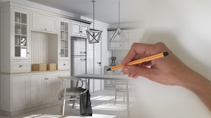 Architect interior designer concept: hand drawing a design interior project while the space becomes real, scandinavian classic kitchen with dining table and chairs, morning light