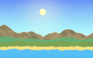 Sun Sea Beach. Noon. Ocean shore line with waves on a beach. Island beach paradise with waves. Vacation, summer, relaxation. Seascape, seashore. Minimalist landscape, primitivism. 3D illustration