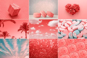 Trendige kreative Collage in der Farbe Living Coral des Jahres 2019. Liebesherz, süß, Weihnachtsgeschenk, Mode. © Julia Manga