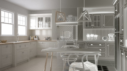 Unfinished project draft of scandinavian classic kitchen with dining table and chairs, windows and morning light, vintage cooker and pendant lamps, minimalist interior design sketch