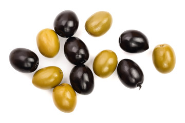 Green and black olives isolated on a white background. Top view. Flat lay
