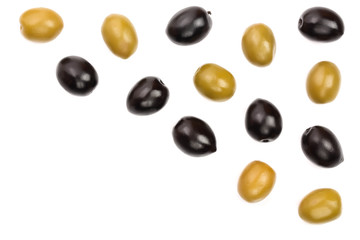 Green and black olives isolated on a white background with copy space for your text. Top view. Flat lay