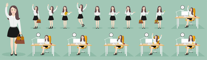 Business woman character set. Flat illustrations of business woman character in various poses.