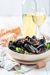 Homemade mussels served with cold white wine