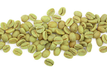 green coffee beans isolated on white background close up. Top view. Flat lay