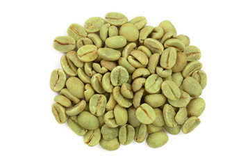 green coffee beans isolated on white background close up. Top view. Flat lay