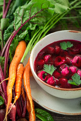 Homemade beetroot soup with vegetables and dumplings