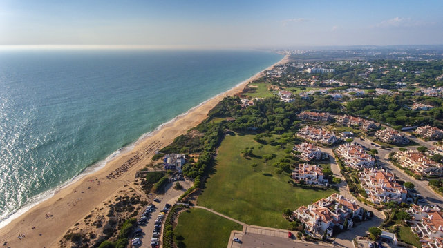 Aerial. View from the sky at the tourist town Dunas Douradas, Vale de Lobo.