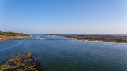 Aerial. View from the sky to the bay in Ria Formosa. Quinta de Lago.