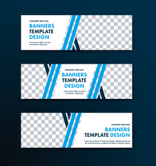 Set of white vector banners with place for photo and diagonal blue lines.