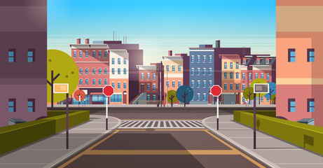 city street building houses architecture empty downtown road urban cityscape early morning sunrise horizontal banner flat