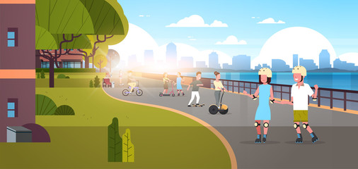 people riding bicycle roller-skates skateboard in modern city quay urban cityscape skyscrapers background active holiday relax horizontal banner flat