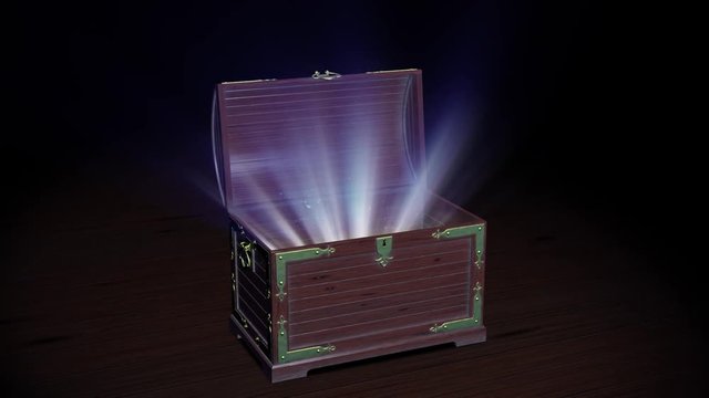 Treasure chest opening with  magic light and particles.